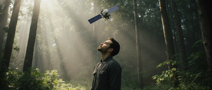 Muž stojící v lese a dívá se na oblohu, nad ním letí GPS satelit v paprscích slunce – symbol přesné navigace při geocachingu.