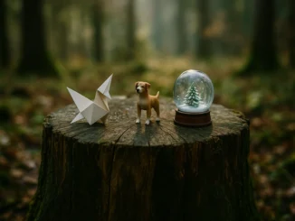 Origami pták, figurka psa a sněhová koule na pařezu v lese symbolizují nové kolekce Pokladů v geocachingu.