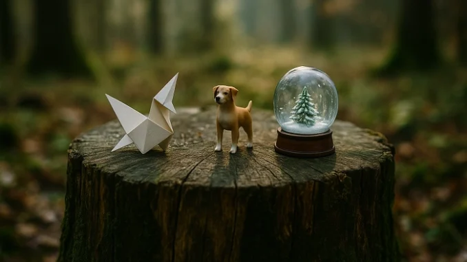 Origami pták, figurka psa a sněhová koule na pařezu v lese symbolizují nové kolekce Pokladů v geocachingu.