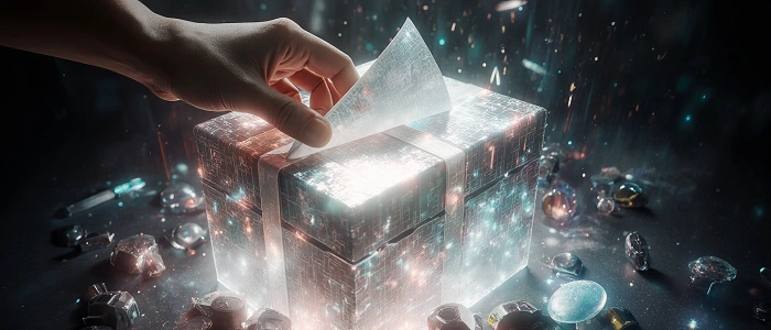 Ruka odkrývá zářící futuristický dárek obklopený jiskrami a kovovými předměty, symbolizující nové suvenýry v geocachingu.