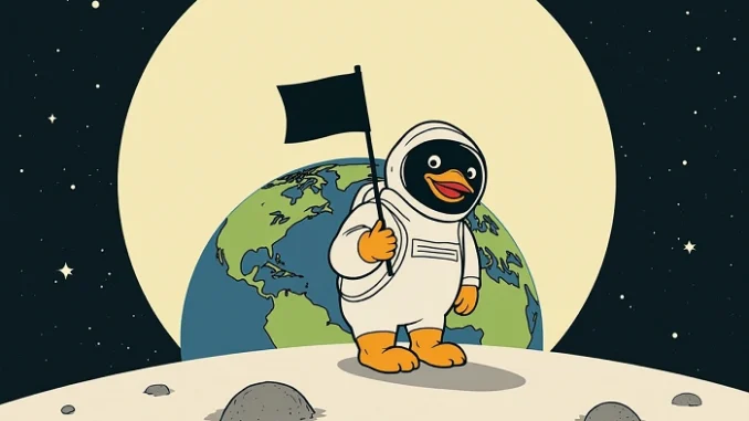 Ilustrace kačenky v astronautském skafandru stojící na měsíčním povrchu s vlajkou, Země v pozadí a hvězdná obloha za ní.