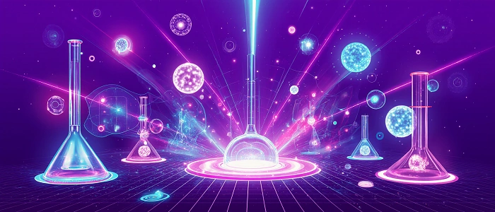 Futuristická ilustrace s chemickými baňkami a zářícími částicemi symbolizující experimentální funkce a testovací prostředí v geocachingu.