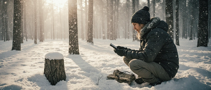 Geokačer v zasněženém lese hledající keš s GPS v ruce, oblečený ve vrstvách zimního oblečení.