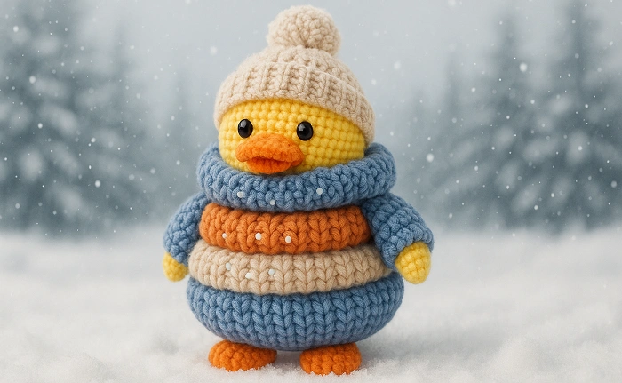 Háčkovaná kačenka v několika vrstvách zimního oblečení stojící ve sněhu jako ilustrace prevence podchlazení při zimním geocachingu.