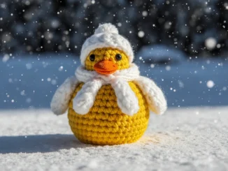 Háčkovaná žlutá kačenka ve vrstveném zimním oblečení stojící ve sněhu, zachycená v jemném sněžení jako symbol správného zimního vrstvení při geocachingu.