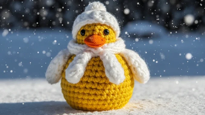 Háčkovaná žlutá kačenka ve vrstveném zimním oblečení stojící ve sněhu, zachycená v jemném sněžení jako symbol správného zimního vrstvení při geocachingu.