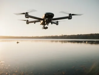 Dron letící nad klidnou hladinou jezera při východu slunce během natáčení kampaně #WeArePlay o geocachingu.