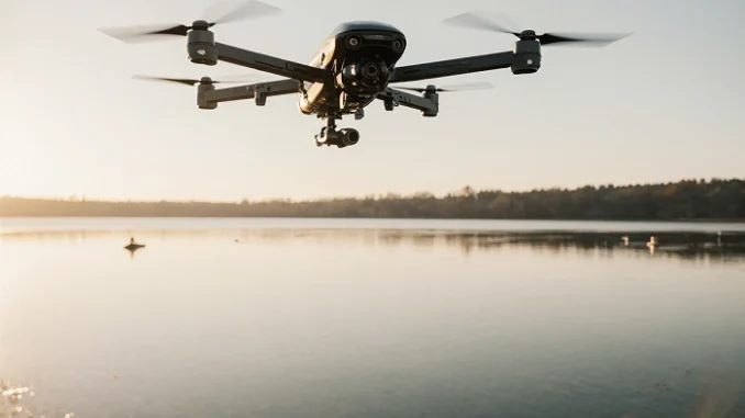 Dron letící nad klidnou hladinou jezera při východu slunce během natáčení kampaně #WeArePlay o geocachingu.