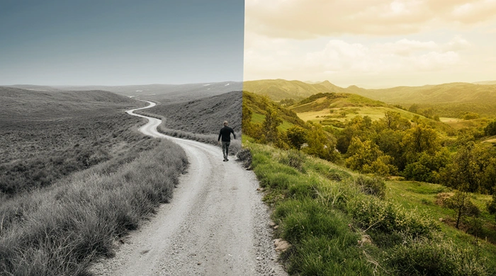 Postava přechází ze šedé, monotónní krajiny do barevné přírody plné světla – symbol života na půl vs. života naplno.