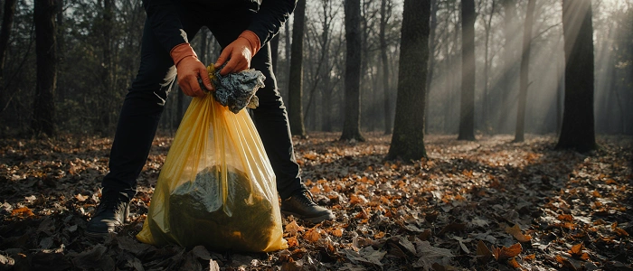 Sbírání odpadků do žlutého pytle v podzimním lese jako symbol geocachingového suvenýru Cache In Trash Out Season 2 2026