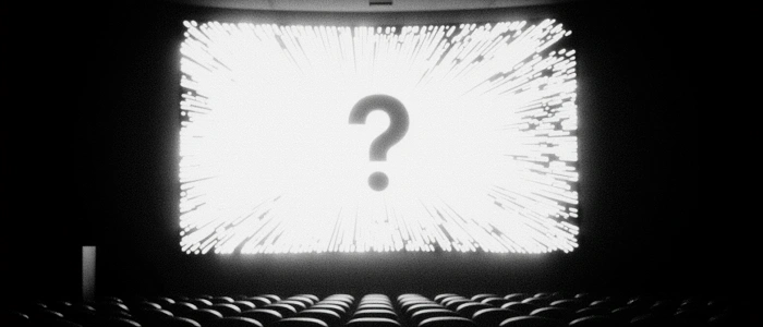 Záběr na kino plátno s otazníkem symbolizující pauzu a očekávání dalšího ročníku GIFF