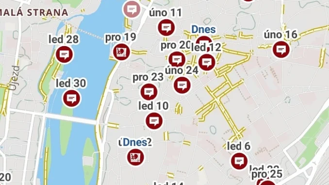 Mapa v geocachingové aplikaci s eventy filtrovanými podle data konání