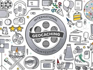 Ilustrace Geocaching International Film Festival (GIFF) s filmovým kotoučem a ikonami spojenými s geocachingem a kinem