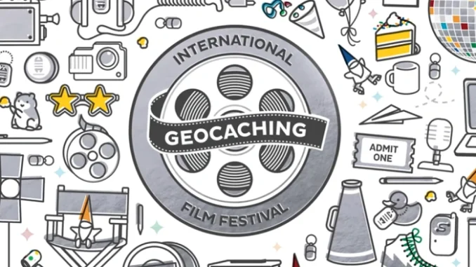 Ilustrace Geocaching International Film Festival (GIFF) s filmovým kotoučem a ikonami spojenými s geocachingem a kinem