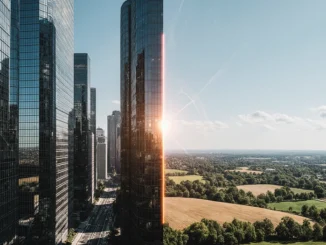 Kontrast městské zástavby a venkovské krajiny ukazující rozdíly v přesnosti GPS signálu