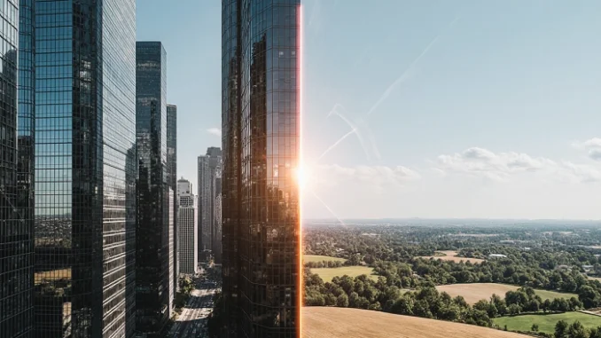 Kontrast městské zástavby a venkovské krajiny ukazující rozdíly v přesnosti GPS signálu