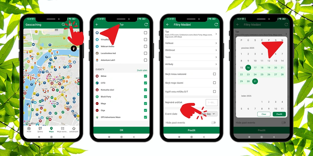 Postup filtrování eventů podle data v mobilní aplikaci Geocaching krok za krokem