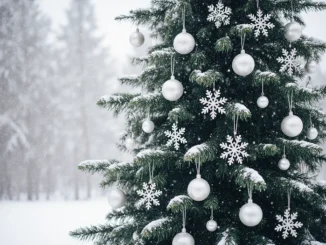 Vánoční stromek ozdobený bílými a stříbrnými vločkami v zimním lese jako symbol - geocachingové Vánoce