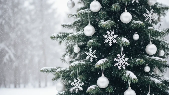 Vánoční stromek ozdobený bílými a stříbrnými vločkami v zimním lese jako symbol - geocachingové Vánoce