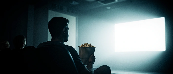 Silueta návštěvníka v kinosále sledujícího projekci GIFF 2025 při geocachingovém eventu