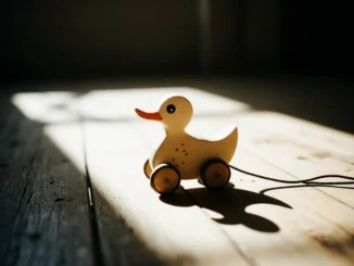 Dřevěná tahací kačenka na kolečkách jako symbol klasické hračky v geocachingu