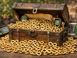 Otevřená truhla s pokladem plná ležatých osmiček symbolizujících neomezené Treasure kolekce v geocachingu pro Premium členy