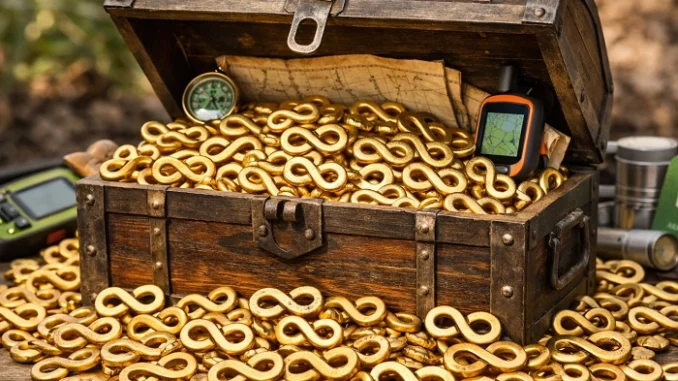 Otevřená truhla s pokladem plná ležatých osmiček symbolizujících neomezené Treasure kolekce v geocachingu pro Premium členy