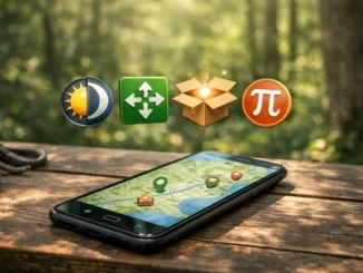 Potvrzené geocachingové suvenýry pro rok 2026 zobrazené jako digitální ikony nad mobilem s mapou v přírodě