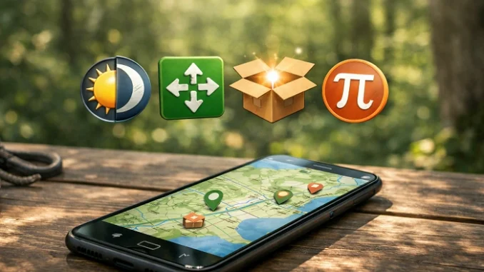 Potvrzené geocachingové suvenýry pro rok 2026 zobrazené jako digitální ikony nad mobilem s mapou v přírodě