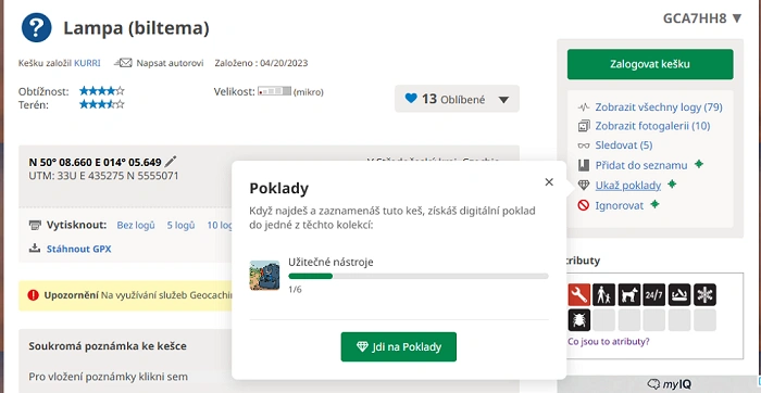 Zobrazení digitálních Treasure pokladů přímo na stránce keše na Geocaching.com u Premium účtu