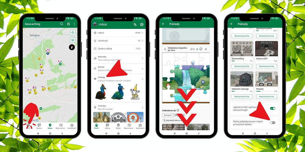 Ukázka nastavení prioritních Treasure kolekcí v aplikaci Geocaching a jejich zobrazení přímo u keší