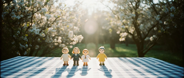 Malé klasické figurky na venkovním stole s kostkovaným ubrusem jako symbol pokladů v geocachingu