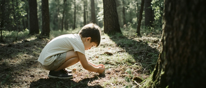 Dítě sklánějící se nad geokeší v lese jako ukázka keše vhodné pro děti