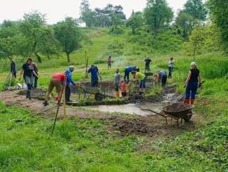Tradiční CITO Dřevčice – geocacheři při ruční obnově jezírka ve starém sadu během CITO eventu