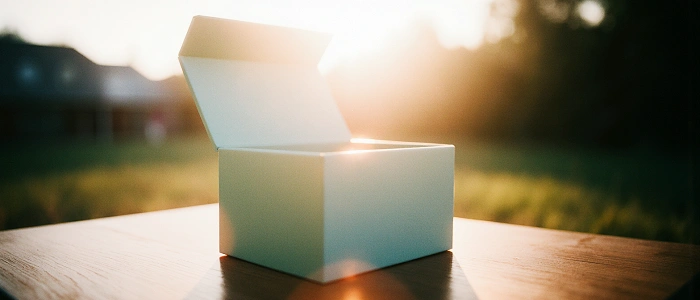 Otevřená dárková krabička symbolizující geocachingový suvenýr Unboxing 2026 v jemném ranním světle