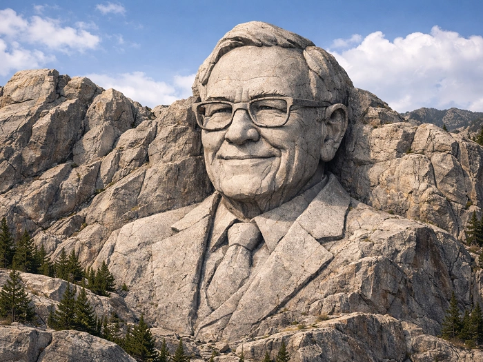 Kamenná socha vytesaná do horského masivu inspirace Warren Buffett geocaching principy