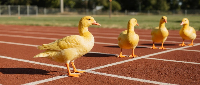 Startovní čára atletické dráhy s kačery připravenými ke startu jako symbol publikace keše
