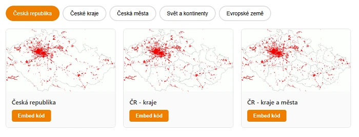 Náhled geocachingových map ČR, krajů a měst s puntíky nálezů