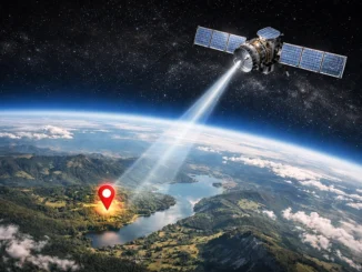 GPS satelit zaměřující označené místo na Zemi v reálném terénu