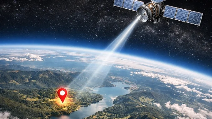 GPS satelit zaměřující označené místo na Zemi v reálném terénu