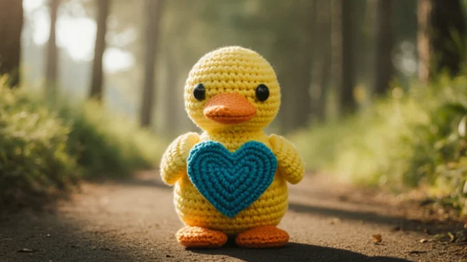 Háčkovaná kachnička s modrým srdcem jako symbol Favorite Points v geocachingu