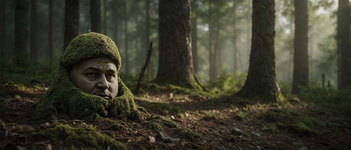 Maskovaná postava splývající s lesním terénem jako symbol vytrvalosti, trpělivosti a hledání keší v geocachingu