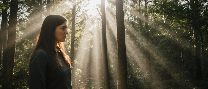 Postava stojící v lese v ranním světle symbolizující klid, soustředění a trpělivost při geocachingu