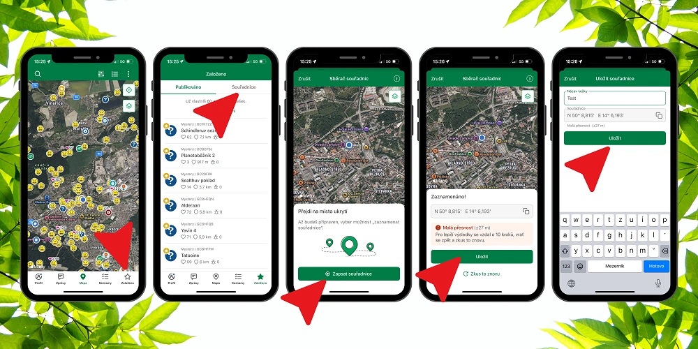 ukázka obrazovek aplikace Geocaching s postupem ukládání souřadnic