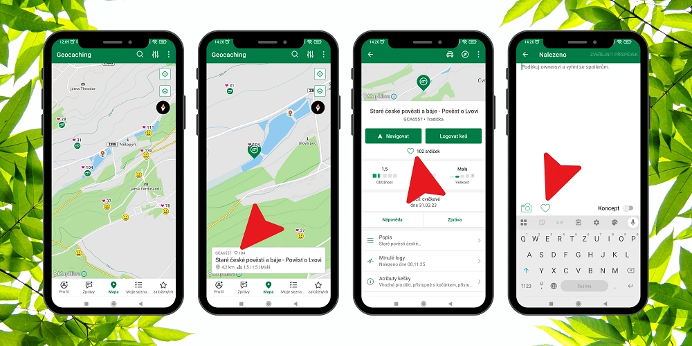 Postup přidání Favorite Point v geocachingové aplikaci na mobilu