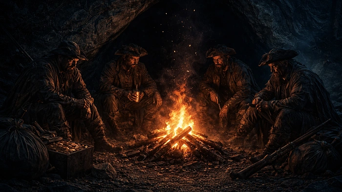 loupežníci u ohně před jeskyní v noci