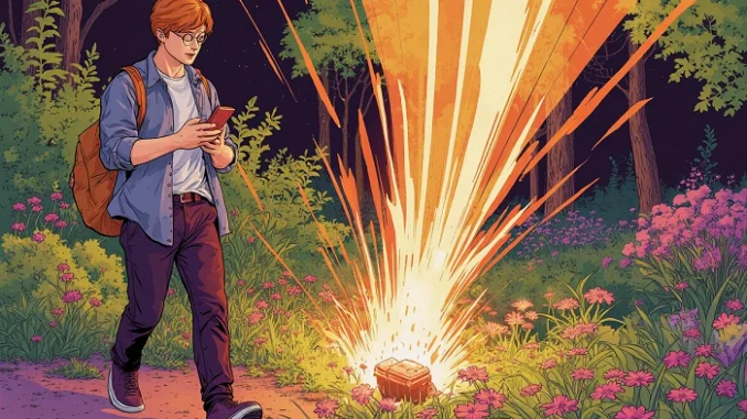 komiksová ilustrace mudly míjející geocache s dramatickým světelným výbuchem v lese