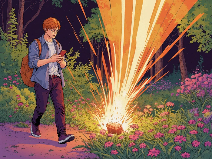 komiksová ilustrace mudly míjející geocache s dramatickým světelným výbuchem v lese
