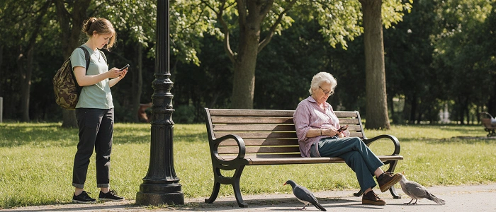 geocacherka čekající u lampy a babička sedící na lavičce v parku