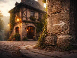 Detail kamenného rohu s naznačenou šipkou u historického domu, fotorealistické geocaching místo.